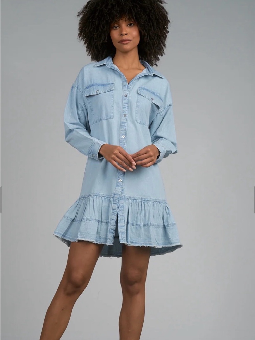 Elan M Light Blue Denim Ruffle Hem Shirt Dress